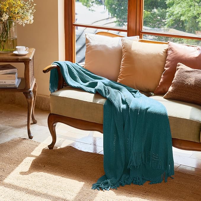 lifein Throw Blanket for Couch, Soft Boho Decor Bed Throw,Cozy Teal Knitted Chenille Small Farmhouse Lightweight Throw for Spring(Teal,50 * 60")-Ruum Studio Home