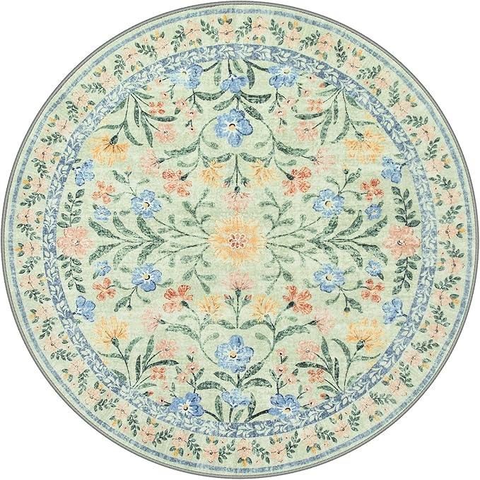 Wonnitar Washable Floral Round Rug, 6ft Sage Green Round Area Rugs for Bedroom Nursery, Boho Non-Slip Indoor Large Circle Carpets for Dining Room Living Room Kids Playroom-Ruum Studio Home
