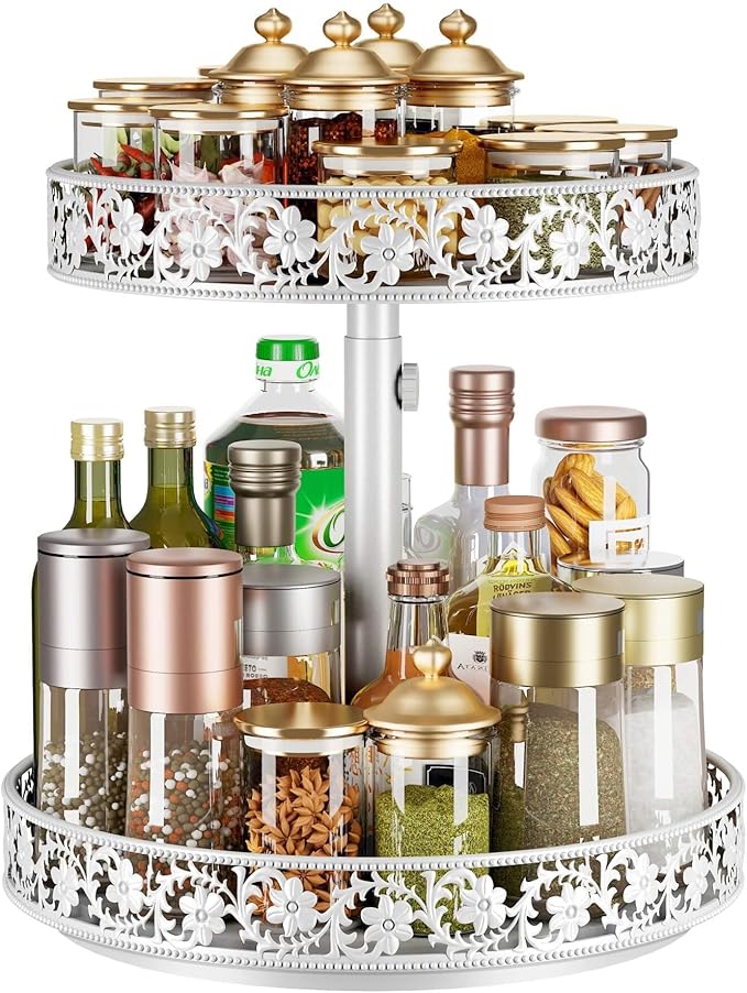 2 Tier Lazy Susan Organizer Turntable Adjustable,12 Inch Two Tier Lazy Susan Metal Easy Assembly Cleaning, Rotating Spice Rack Organizer for Cabinet Dining Table Kitchen Countertop White-Ruum Studio Home