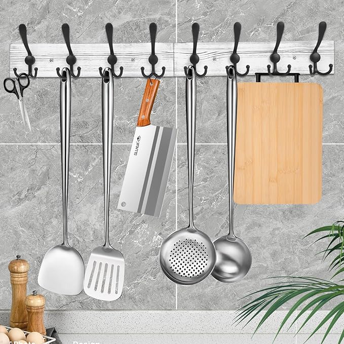 IBosins Wall Mounted Coat Rack, 31.4'' Long, Rustic Wood & Aluminum Coat Rack with 8 Black Tri-Hooks for Coat, Bag, Towel, Key, Hat, Umbrella-Ruum Studio Home