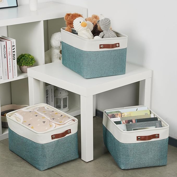 DULLEMELO Storage Baskets for Organizing,Rectangular Fabric Storage Bins with Handles for Office,Bedroom(3-Pack -15 inch X 11 inch X 9.5 inch, White&Dark Green)-Ruum Studio Home