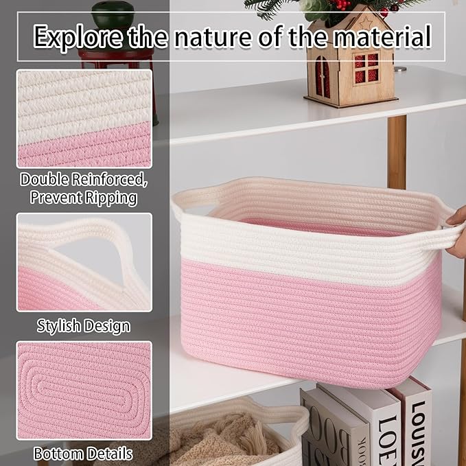 OIAHOMY 3 Pack Storage Basket for Organizing, 13''X9.85''X8.7'' Woven Storage Bins with Handles, toy organizers,Stylish Room Decor, Pink & white-Ruum Studio Home