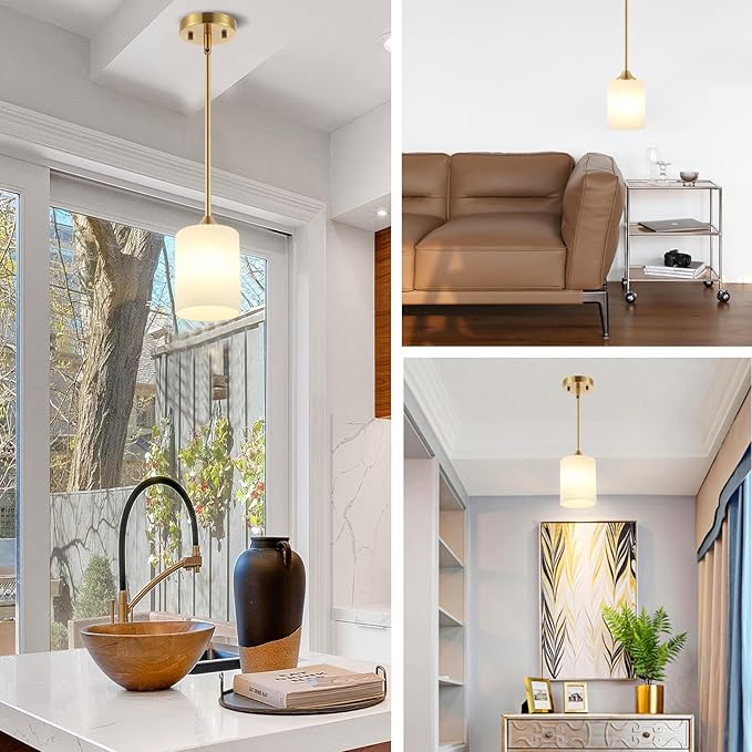 Modern Gold Pendant Light 3 Pack Brushed Brass Mid Century Chandelier White Cylinder Glass Shades Adjustable Rods Farmhouse Ceiling Hanging Lighting Fixture Kitchen Island Dining Room Bedroom-Ruum Studio Home