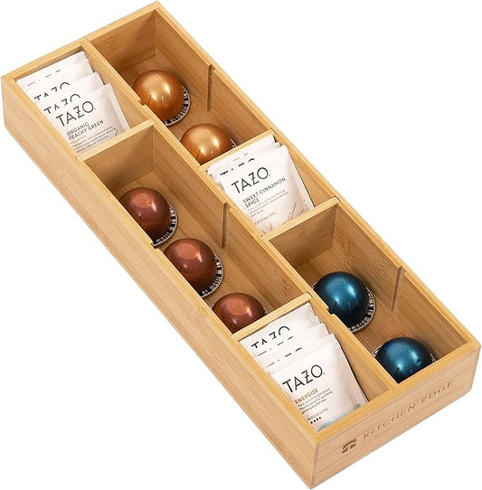 Premium Tea Bags and Coffee Pods Drawer Organizer – Small 9-Compartment Design with Removable Wall Inserts, Non-Slip Feet, 100% Sustainable Bamboo-Ruum Studio Home
