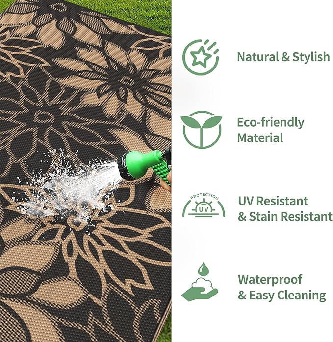 GENIMO Outdoor Rug Waterproof for Patio Decor, 9' x 12' Reversible Plastic Straw Floral Camping Carpet, Large Area Rugs Mats for RV, Camper, Deck, Balcony, Porch, Beach, Picnic, Black & Brown-Ruum Studio Home