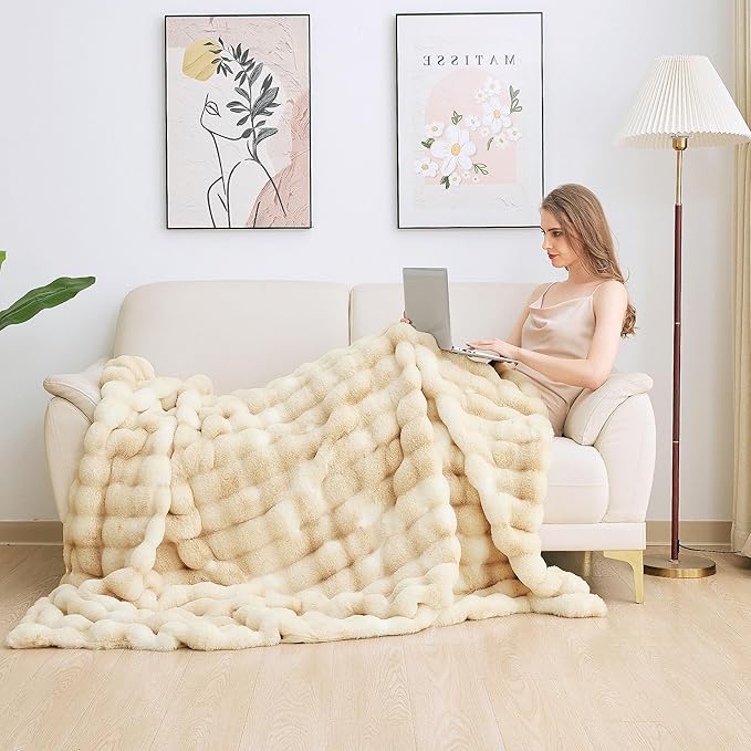 Tie-dye Camel Faux Fur Rabbit Thick Throw Blanket for Couch Living Room 50x60 Fluffy Bed Furry Comforter Soft Blanket Best Housewarming Home Gifts 860 GSM-Ruum Studio Home