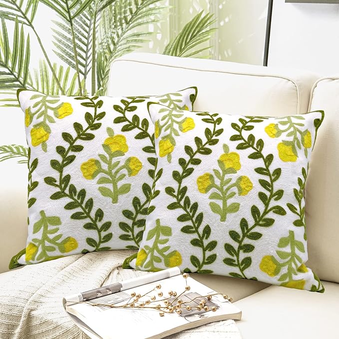 Alysheer Floral Embroidered Summer Decorative Throw Pillow Cover 18"x 18" Set of 2, Farmhouse Cottage Yellow Flower Green Leaves Patterned Cotton Cushion Case for Couch Bed Living Room Outdoor Decor-Ruum Studio Home