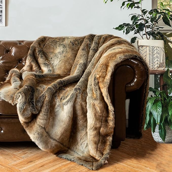 BATTILO HOME Large Brown Faux Fur Throw Blanket for Bed, Fall Fur Blanket and Throws, 60 x 80 Inches Super Soft Fuzzy Thick Warm Blankets for Couch, Reversible to Plush Velvet-Ruum Studio Home