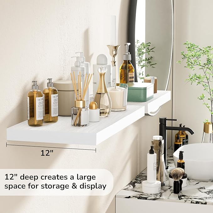 Fun Memories Floating Shelves - 2 Pack 12 Inch Deep Rustic Wooden Wall Shelves - Extra Deeper & Thicker Wall Mounted Storage Shelf for Living Room, Kitchen, Farmhouse - 24" W x 12" D x 1.5" H - White-Ruum Studio Home