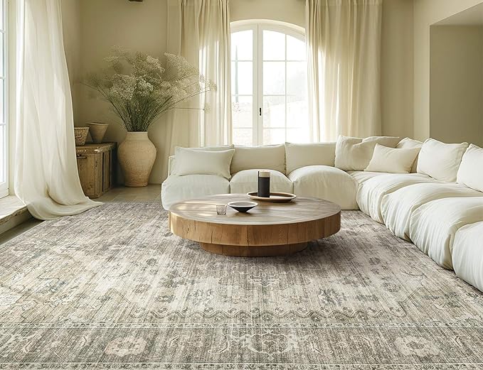 Washable Area Rugs for Living Room - 7x9 Neutral Vintage Distressed Floral Farmhouse Boho Large Soft Floor Rug Indoor Non Slip Carpet for Living Room Bedroom Dining Room Office - Brown/Tan-Ruum Studio Home