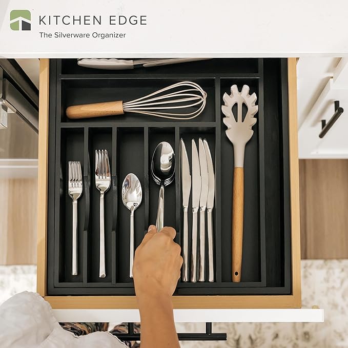 Premium Silverware, Flatware and Utensil Organizer for Kitchen Drawers, Food-Safe Contract Grade, Expandable from 14.5 to 25 In, Black Bamboo-Ruum Studio Home