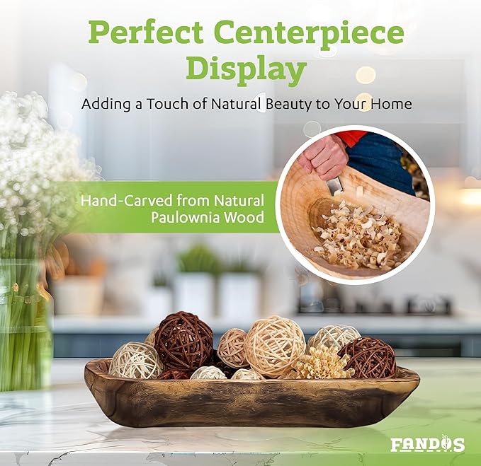 Wooden Dough Bowl for Decor - 17¾ in Long Hand Carved Paulownia, Large Rustic Decorative Bowl for Home Table Centerpiece, Keys, Entryway Table, Catchall Tray & Wooden Dining Room Centerpiece-Ruum Studio Home