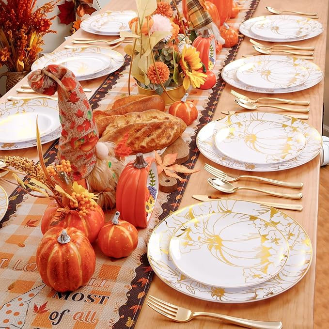 FLOWERCAT 60PCS Thanksgiving Plates & Gold Pumpkin Plates - Including 30PCS 10.25inch Thanksgiving Dinner Plates and 30PCS 7.5inch Thanksgiving Dessert Plates for Giving Thanks Theme Party-Ruum Studio Home