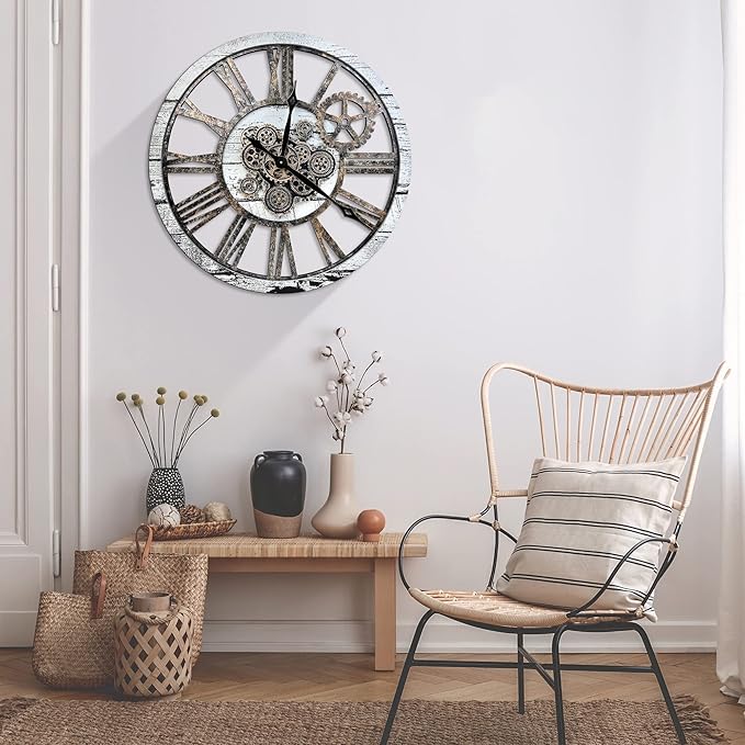 HOIBAI Large Wall Clock Clocks for Living Room Decor Oversized 30 Inch Wall Decor Farmhouse Vintage Rustic Industrial Roman Big Chic Home Decor Wall Clock for House Bedroom, Moving Gears Clock-Ruum Studio Home