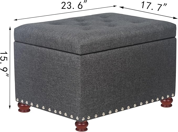 Joveco Storage Ottoman Linen Tufted Bench with Rivet, Rectangular Footrest Stool Coffee Table Seat for Living Room Bedroom, Grey-Ruum Studio Home