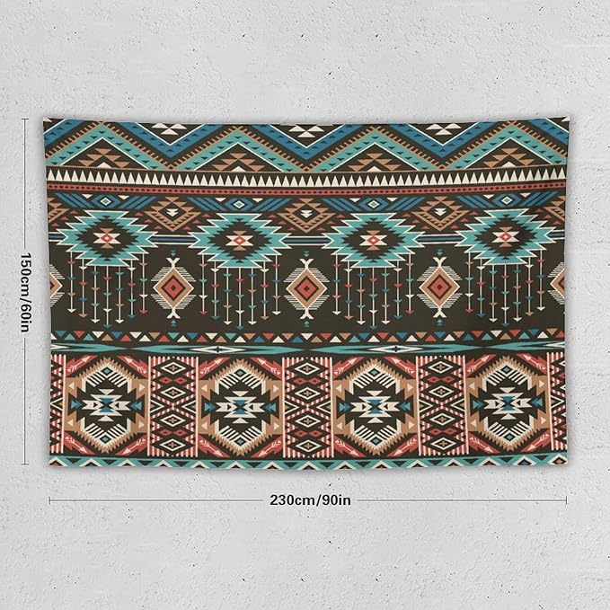 HZOHNAGO Aztec Tapestry Turquoise Blue and Brown and Native American Tribal Pattern Printed Wall Tapestry Wall Hanging for Bedroom Living Room Dorm 90" W x 60" H-Ruum Studio Home