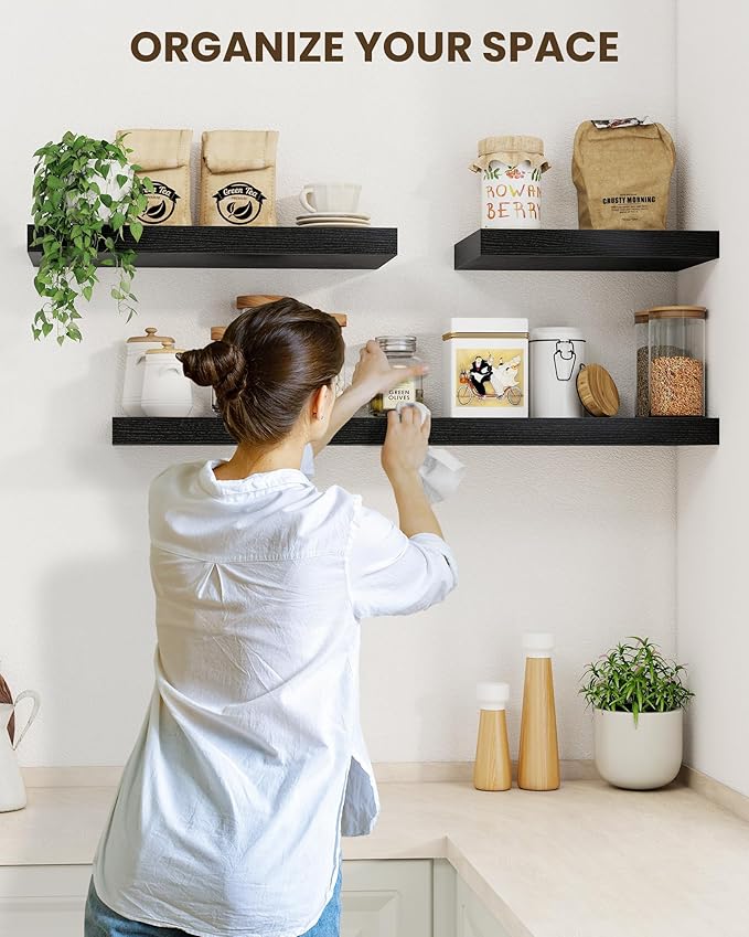 Marsmiles 31.5" Floating Shelves for Wall, Wooden Shelves with Invisible Brackets Set of 2, Rustic Farmhouse Wall Mounted Shelf for Kitchen Bathroom Living Room Study, Black-Ruum Studio Home