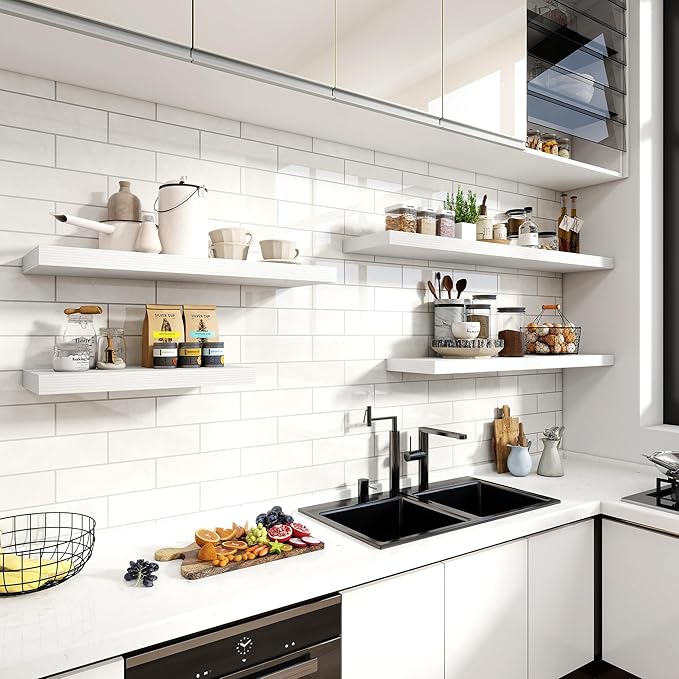 48 Inch Floating Shelves, 12 Inch Deep Floating Shelves for Wall, Floating Shelf with Invisible Brackets, Deep Wall Shelves for Bathroom, Bedroom, Living Room, 1 Pack, White-Ruum Studio Home