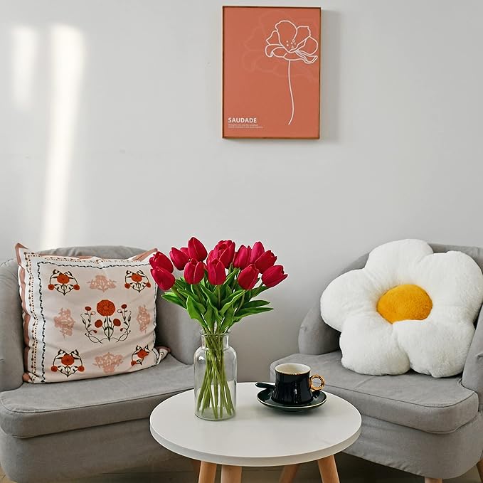 Mandy's Artificial Tulips 20 Stems Hot Pink PU Faux Flowers for Wedding Home Decor 13.5 Inch-Ruum Studio Home