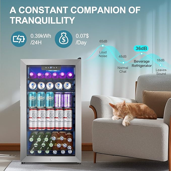 128 Cans Beverage Refrigerator Cooler, 3.2 Cu.Ft Mini Drink Fridge Glass Door for Drink Beer Soda Wine, Beer Fridge with 4 Removable Shelves for Kitchen Bedroom, Office Bar Gaming Room,Stainless Steel-Ruum Studio Home