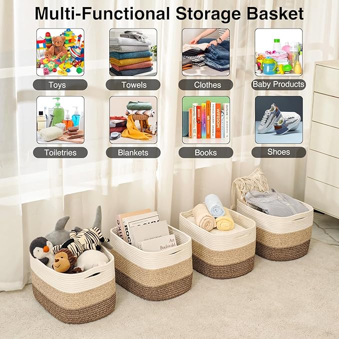 Storage Baskets for Organizing & Shelves, Woven Cotton Rope Organization Bins for Dog Toys, Clothes, Books, Nursery Organizer, 15"Lx11"Wx9.5"H, (4 Packs) Gradient Brown-Ruum Studio Home