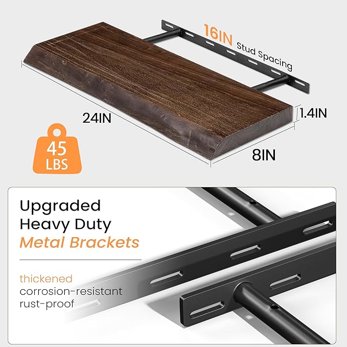 Fun Memories Floating Shelves for Wall, 24 Inhc Floating Shelves Wall Mounted, Rustic Live Edge Elm Wood Shelf, Heavy-Duty Storage Shelves for Books, Bathroom, Kitchen, Walnut Finish, Set of 2-Ruum Studio Home