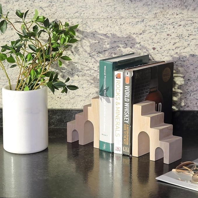 Natural Marble Book Ends for Shelves, Decorative Bookends for Heavy Books, CastleGuard Bookend Book Holder Stopper for Home Office Desk Bookshelf Decoration, Turkey Natural Marble, Set of 2-Ruum Studio Home