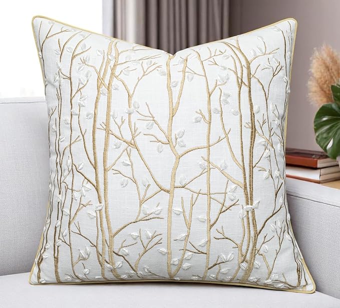 VAGMINE Embroidered Forest Throw Pillow Cover - 20x20 Inches Square - 100% Cotton Ivory Decorative Cushion Cover - Elegant Embroidery - Rustic Home Accent for Sofa, Bed, Couch, Farmhouse Décor-Ruum Studio Home