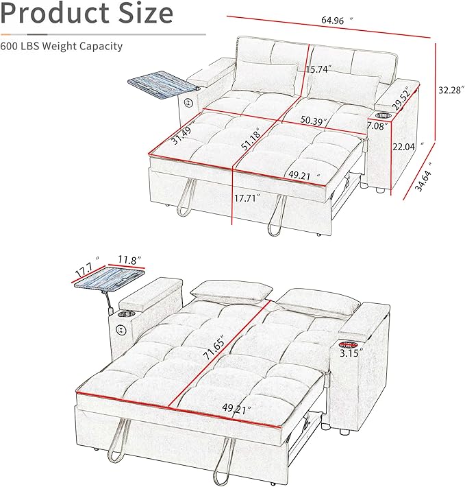 66" Multi-Functional Pull-Out Sofa Bed with Hidden Side Table, Storage Armrests, Built-in Charging Port, Spring Mattress, Solid Wood Frame – Ideal for Small Spaces, Easy Assembly-Ruum Studio Home