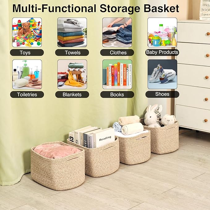 Small Storage Baskets for Shelves Organizing, Woven Cotton Rope Baskets for Storage, Book Basket, Decorative Shelf Basket, 12.5"Lx9.1''Wx7.9''H (4 Packs) Brown-Ruum Studio Home