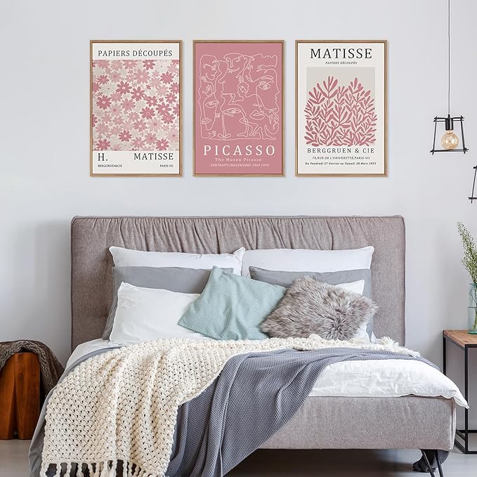 HLNIUC Matisse Pink Wall Art,Neutral Pink Flower Framed Canvas Wall Decor Set of 3(16”x24’) Modern Aesthetic Pictures Wall Painting,Abstract Flower Market Art Print for Living Room,Bedroom-Ruum Studio Home