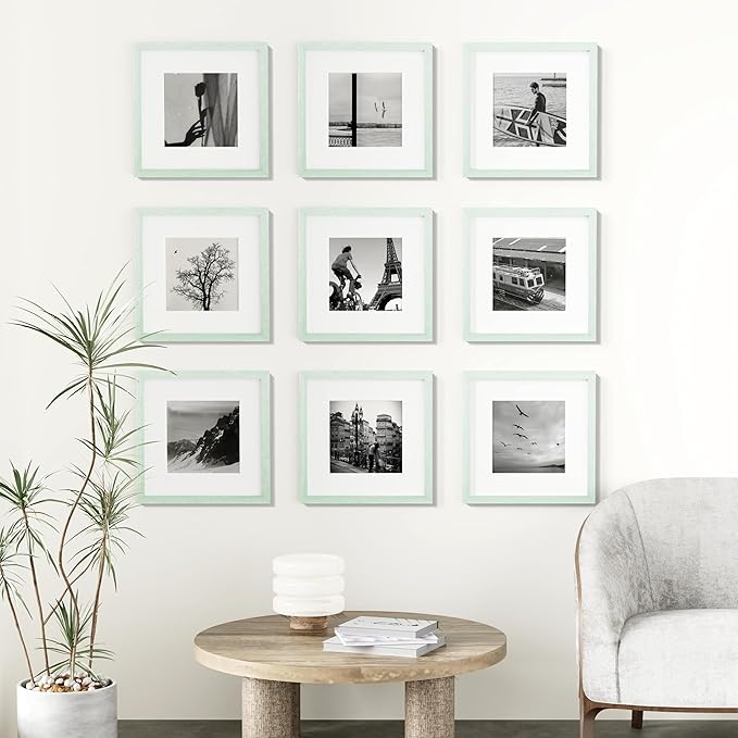 Vittanly 12x12 Picture Frames Set of 9, Shatter Resistant Plexiglass, Display 8x8 Pictures with Mat or 12x12 without Mat, Photo Frames for Wall Mount, Engineered Wood, Vintage Green-Ruum Studio Home