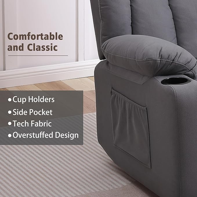 Rocker Swivel Recliner Chair for Adults, Overstuffed Large Manual Recliner Glider with Massage and Heat, Comfy Soft Fabric Living Room Reclining Sofa Chair(Technical Grey)-Ruum Studio Home