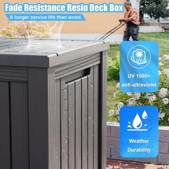 180 Gallon Deck Box,Resin Outdoor Storage Box with Lockable for Patio Furniture, Pool Accessories, Garden Tools Waterproof Outside Storage Box, Grey-Ruum Studio Home