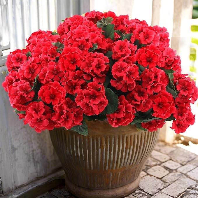 Hananona 12 Bundles Artificial Geranium Flowers for Outdoors Silk Geranium Flowers Outdoor UV Resistant Garden Plants Faux Flower for Home Kitchen Table Centerpieces Decor (12, Red)-Ruum Studio Home