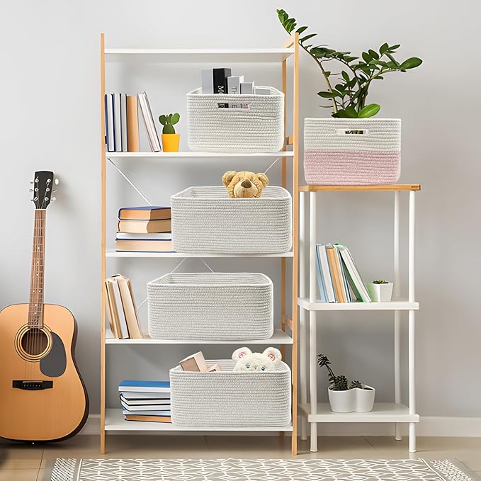 COMFY-HOMI Cotton Rope Woven Basket with Handles for Shelves,Toys,Book, Cloth Storage Baskets for Organizing-17" x 13" x 7.5" Toy Decorative Organizer for Living Room, Bathroom （All White）-Ruum Studio Home