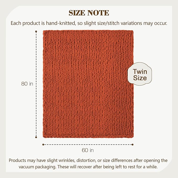 Carriediosa Chunky Knit Throw Blanket 60" X 80" Twin, 100% Hand Made Large Chenille Loop Yarn Soft Fluffy Throws for Couch Sofa Bed, Big Crochet Cozy Heavy Thick Cable Woven Blankets, Rust-Ruum Studio Home