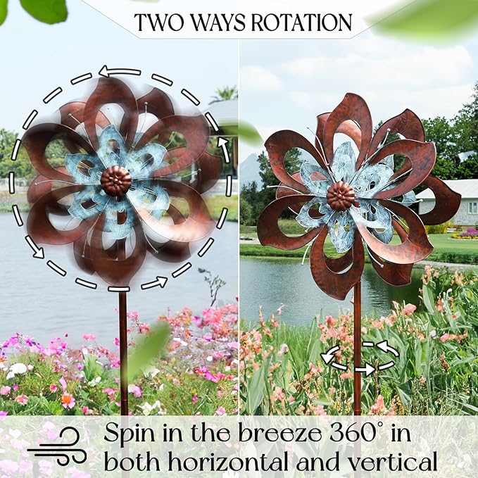 Garden Wind Spinner,Flower Wind Spinner,Outdoor Metal Wind Sculpture & Spinner Large 23 inch Dia 84 inch Height Kinetic Windmill for Garden Yard-Ruum Studio Home