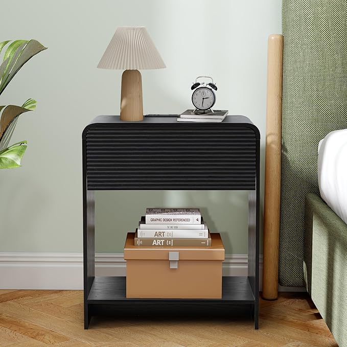 Fluted Nightstand with Charging Station, Mid Century Modern Bed Side Table End Table with Drawer Storage, Large Wooden Night Stands Bedside for Bedroom Living Room Sofa Office, Black-Ruum Studio Home