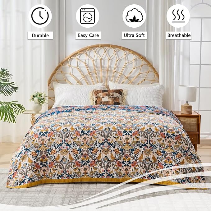 Boho Throw Blanket for Couch,100% Cotton Summer Blanket for Bed, Ultra Soft Rustic Quilt for Bed, Home Decor, Boho Picnic Blankets with Bird and Flowers for All Seasons,Twin 60"x80"-Ruum Studio Home