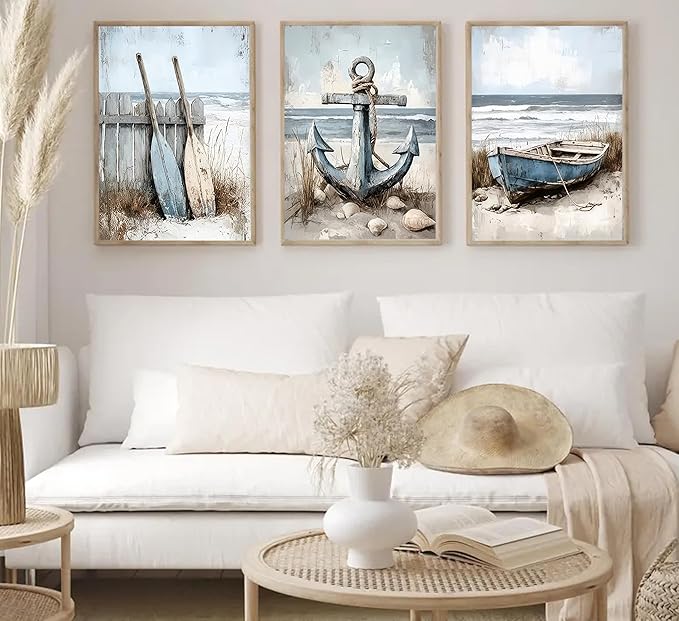 3Pcs Nautical Beach Wall Art Sailboat Paddle and Anchor Paintings Pictures Wall Decor Nautical Coastal Posters Prints Artwork for Living Room Bedroom Home Office Corridor Home Decroation Unframed-Ruum Studio Home