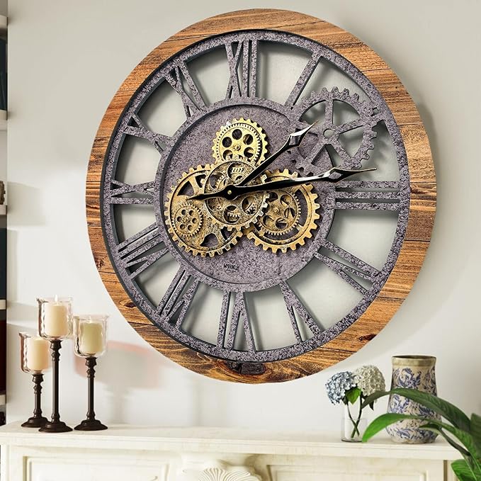 The Gears Clock The Original Real Moving Gear Wall Clock Vintage Industrial Oversized Rustic Farmhouse (24 inch (60cm),Wood&Stone)-Ruum Studio Home