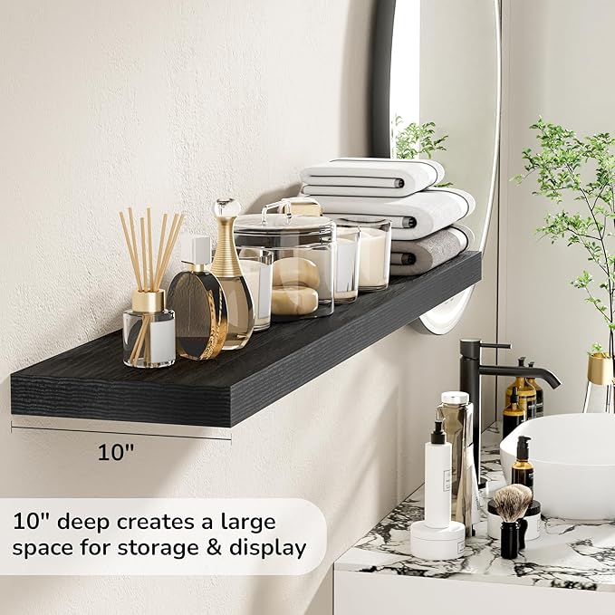 Floating Shelves - 10.3 Inch Deep Wall Shelf for Decor & Storage - Wall Mounted Display Shelving with Invisible Heavy-Duty Metal Bracket - 48" W x 10.3" D x 1.8" H - Set of 1 - Rustic Black-Ruum Studio Home