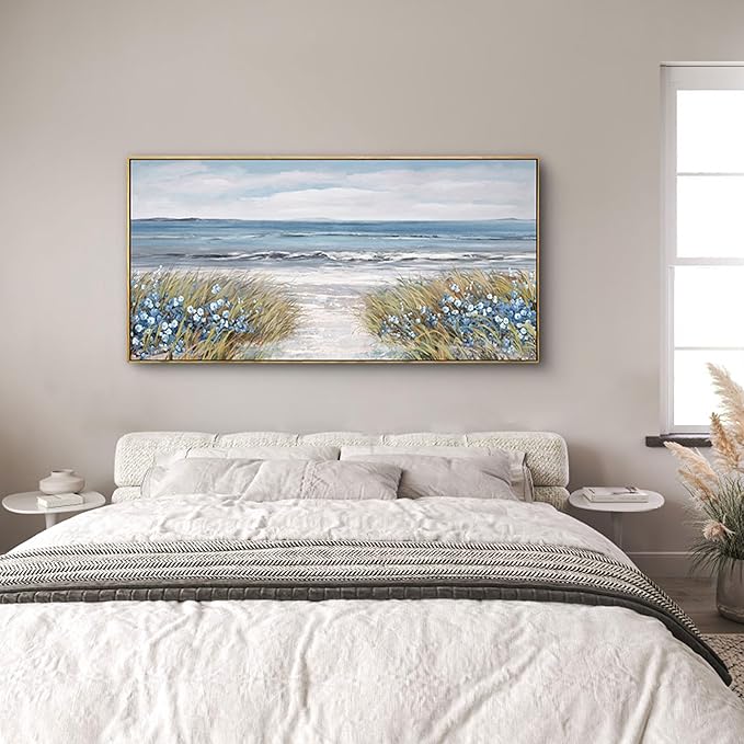 XLSJERST Framed Wall Art for Bedroom Decor - Farmhouse Boho Beach Coastal Vintage Floral Ocean Wall Picture Daisy Flowers Sea Canvas Print Nautical Neutral Seascape Artwork for Home Living Room-Ruum Studio Home