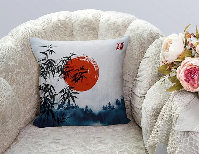 TSSOHU Throw Pillow Cover Japanese Bamboo Pillow case Asian Ink Painting Black Tree Stems Red Sun Mountains Decorative Pillow Case Funny Home Decor Square 18 x 18 Inch Cushion Pillowcase-Ruum Studio Home