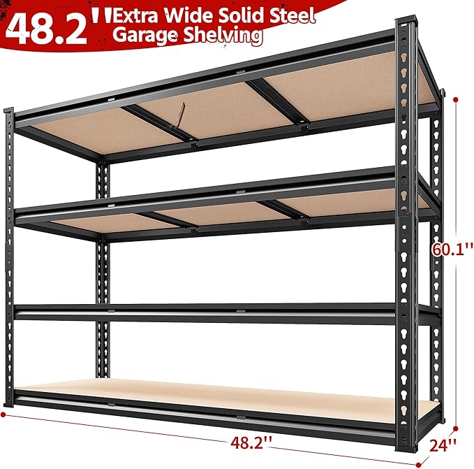 REIBII 48.2" W Garage Shelving, Storage Shelves Load 2600LBS, 4-Tier Adjustable Heavy Duty Metal Shelves for Warehouse, Pantry, Kitchen, 60.1" H X 48.2" W X 24" D, Black-Ruum Studio Home