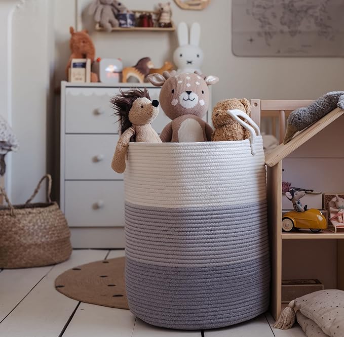 OrganiHaus Gray Nursery Laundry Basket 15x18 | Farmhouse Hamper Basket | Extra Large Storage Basket | Blanket Basket for Living Room | Baby Laundry Hamper | Toy Basket for Kids | Soft Pillow Basket-Ruum Studio Home