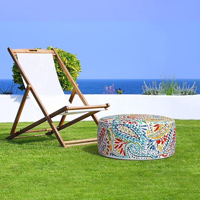 LVTXIII Indoor/Outdoor Inflatable Ottoman, All Weather Round Footrest Stool D21”x H9”, Portable for Patio Garden Camping or Home-Paisley Ummi Multi-Ruum Studio Home