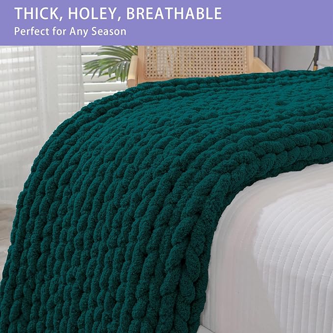 Bigacogo Chunky Knit Throw Blanket for Couch, 40x60 inches, 100% Hand Knitted with Thick Jumbo Chenille Yarn, Cozy Soft Large Rope Knot Cable Crochet Blankets for Sofa Bed Living Room, Dark Green-Ruum Studio Home