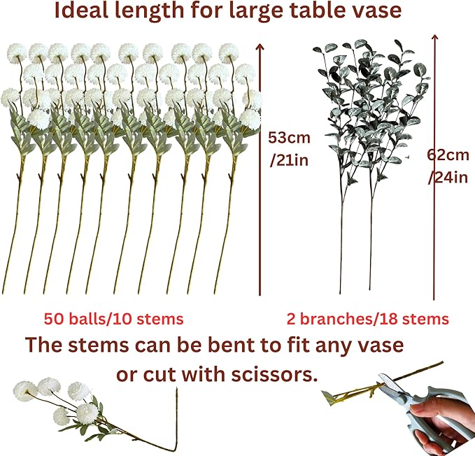 White Faux Flowers for Vase - Kiku 10 Stems & Eucalyptus, Fake Flowers Stems for Pottery Vase, Realistic Artificial Flowers, Pom Pom Balls for Aesthetic Room Decor, Floral Arrangements Centerpiece-Ruum Studio Home